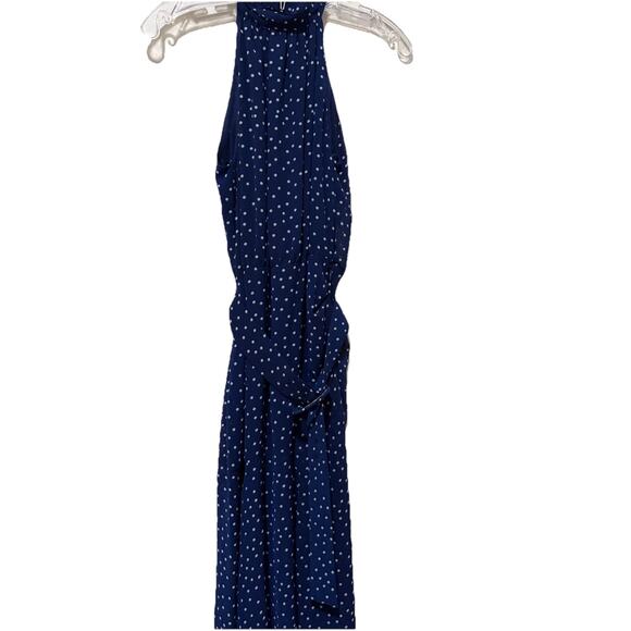 Mango Blue Polka Dot Semi Sheer Mock High Neck Dress Slit Bottom NWT XS 2 - Picture 7 of 9